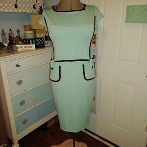 Retro, XXL, mint green , black detail wiggle dress
